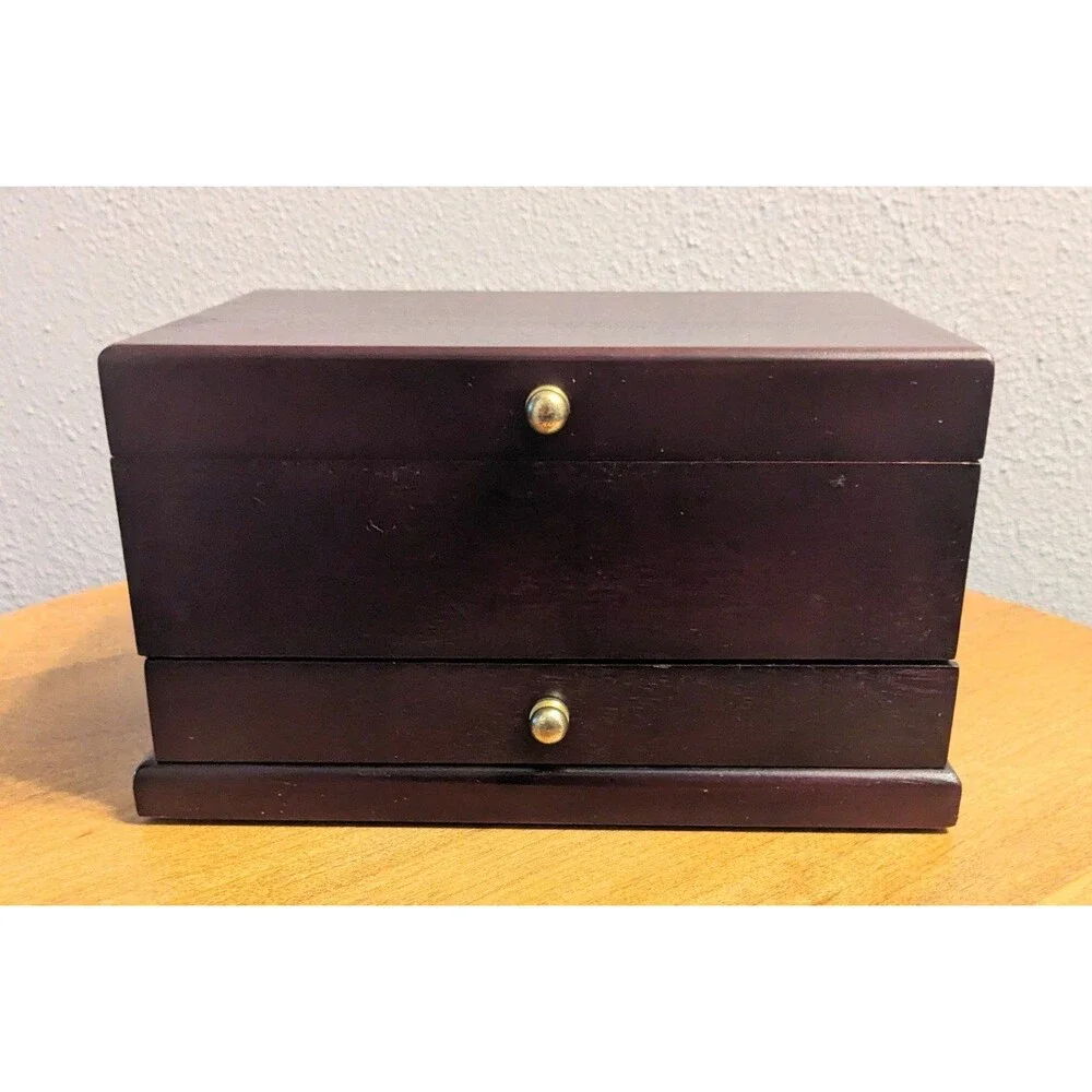 Wooden Jewelry Box Hinged Mirror Velvet Lined 2 Compartments Pull Out Drawer